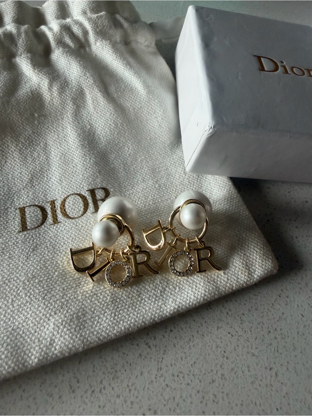 Dior Gold-tone Pearl CD Logo Drop Earrings with Crystal R